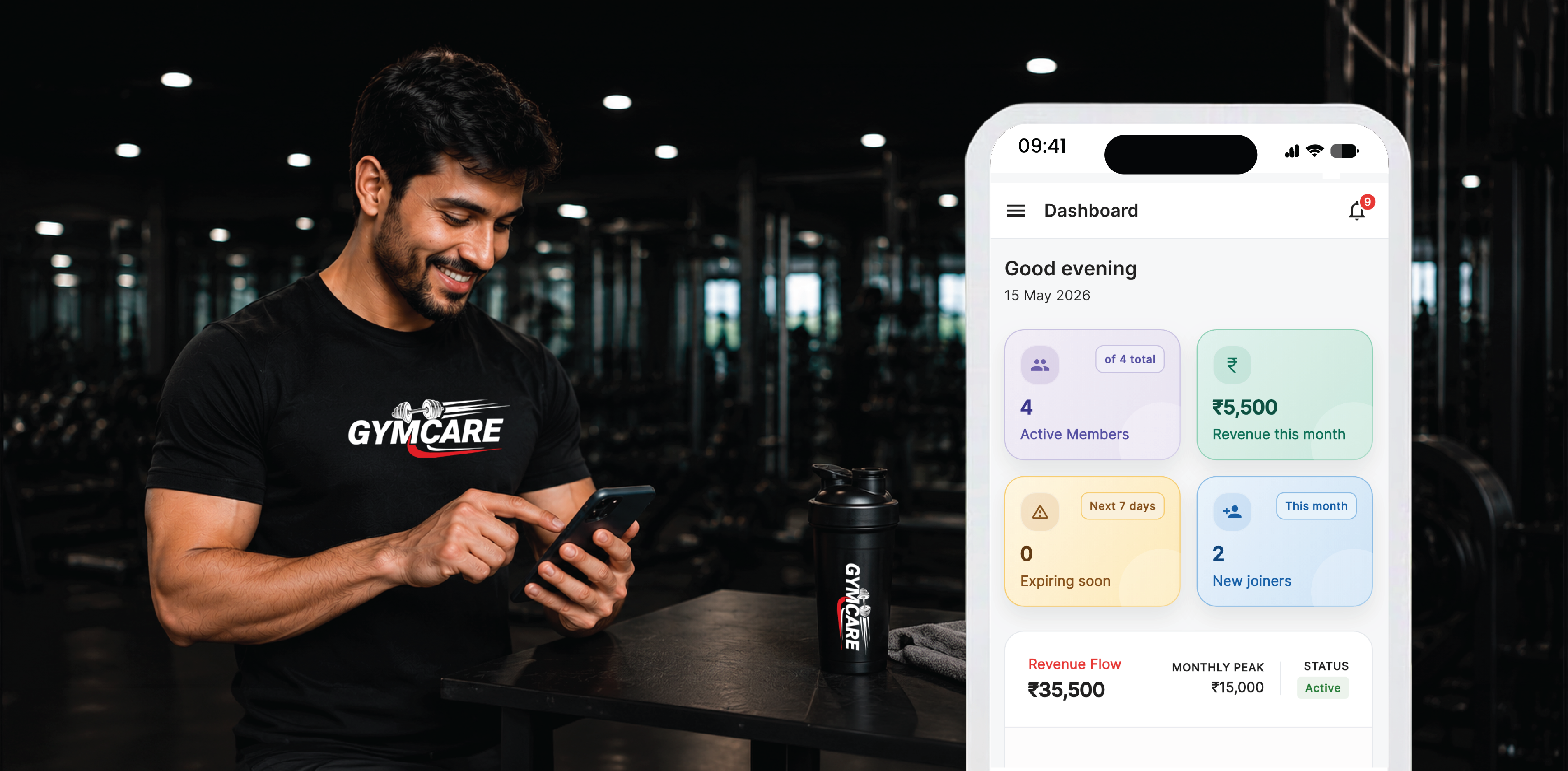 GymCare dashboard showing gym management overview