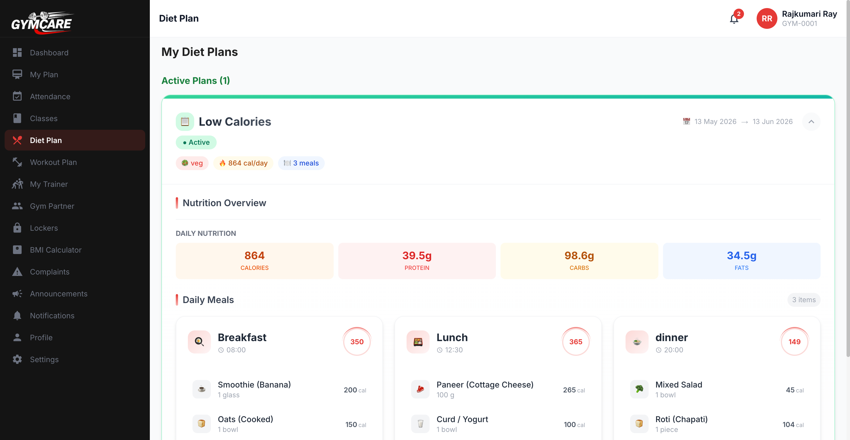 GymCare member diet plan screen