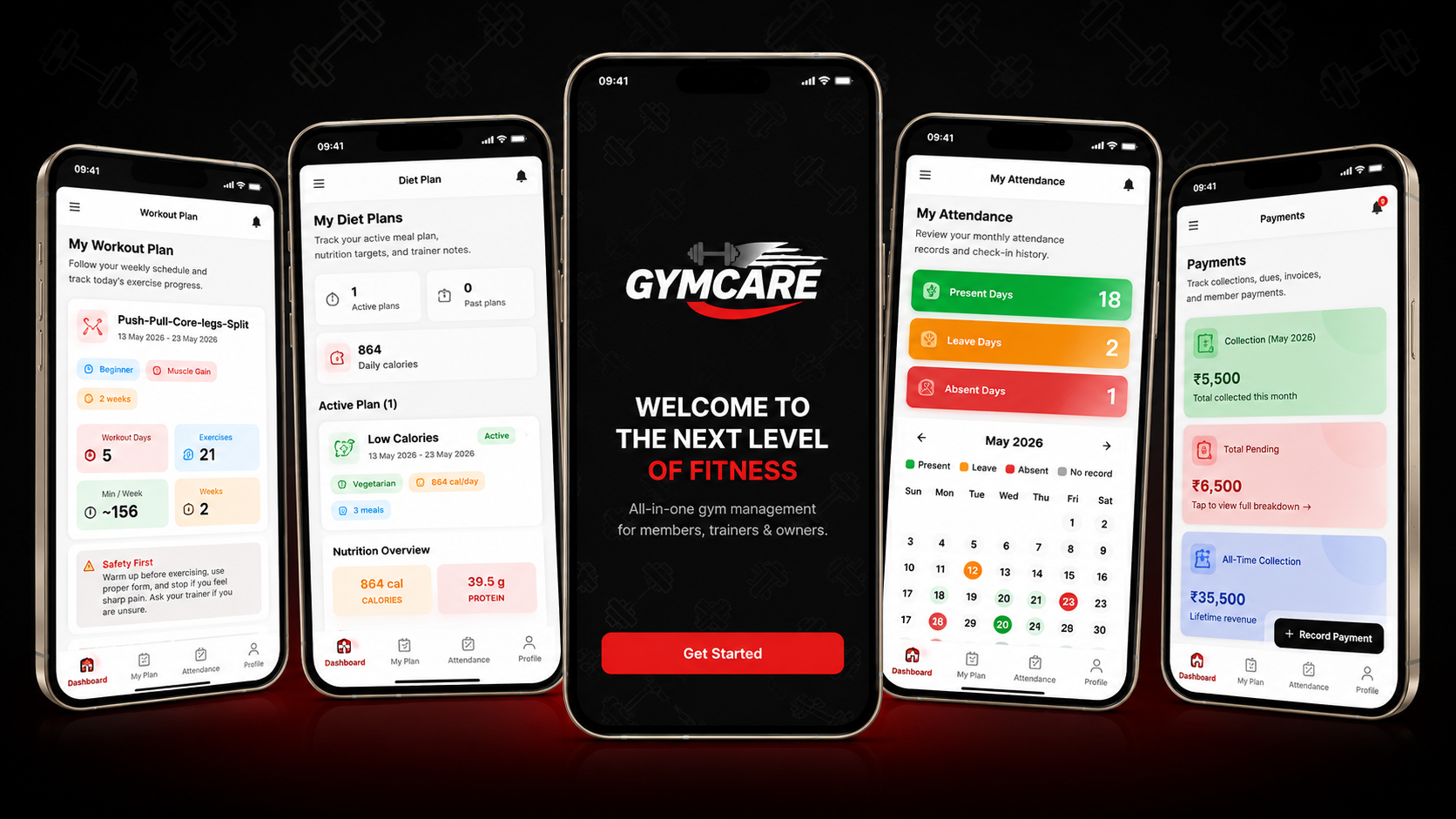 GymCare mobile app screens for member plans and workouts